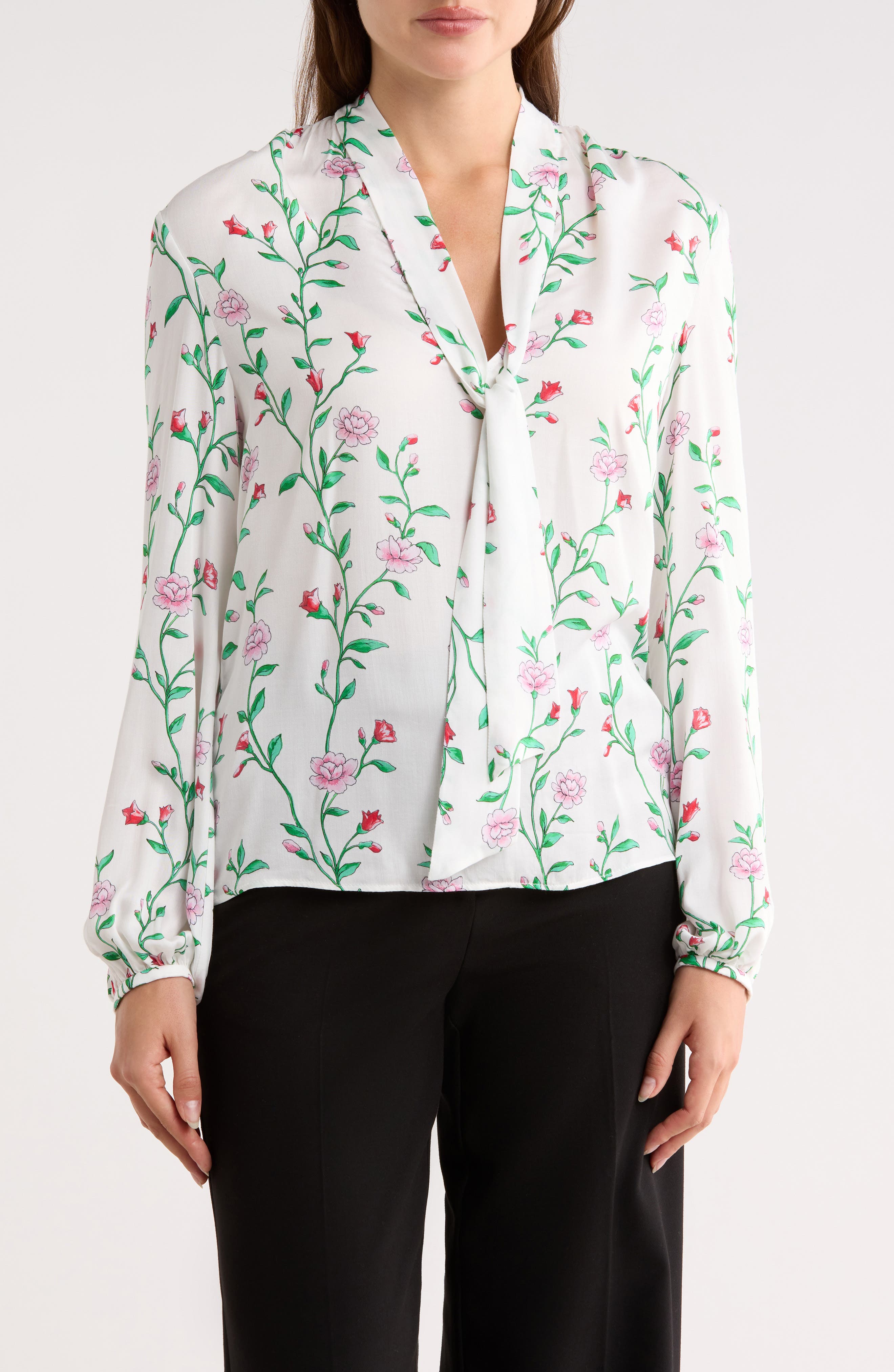 Floral Tie Neck Long Sleeve Top