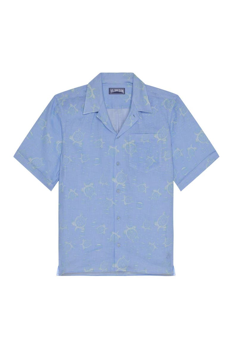Men Linen Bowling Shirt Bubble 3D, Main, color, Cyan