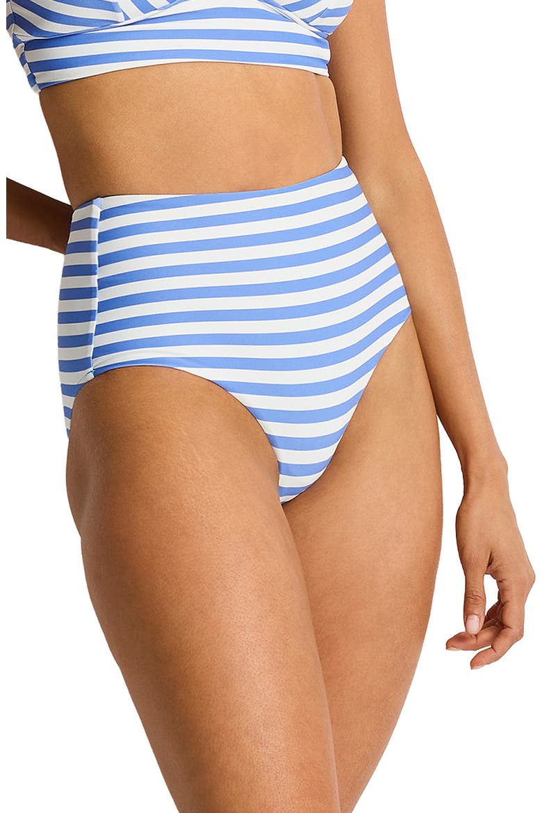 Stripe High Waist Bikini Bottoms, Alternate, color, DENIM BLUE
