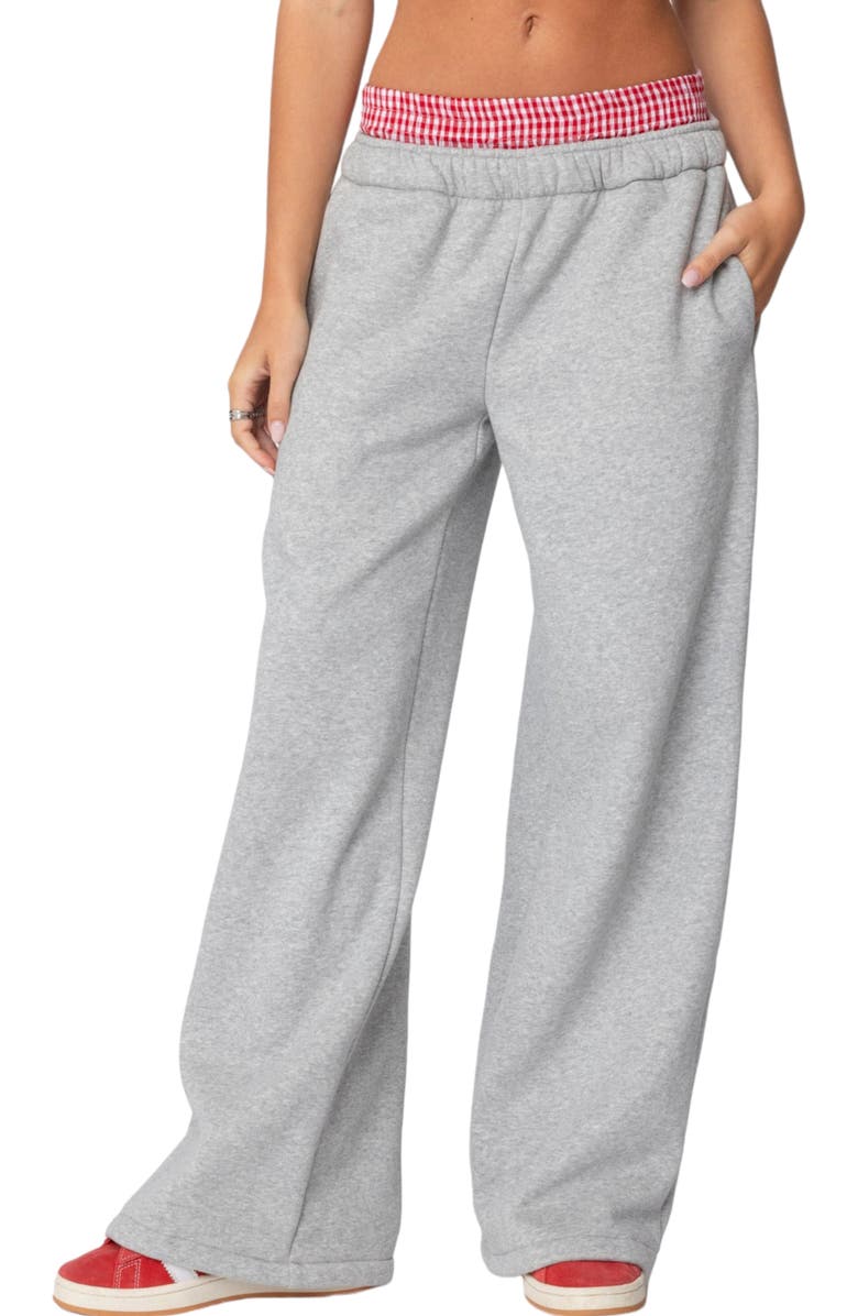 EDIKTED Gingham Waist Wide Leg Sweatpants, Main, color, Gray