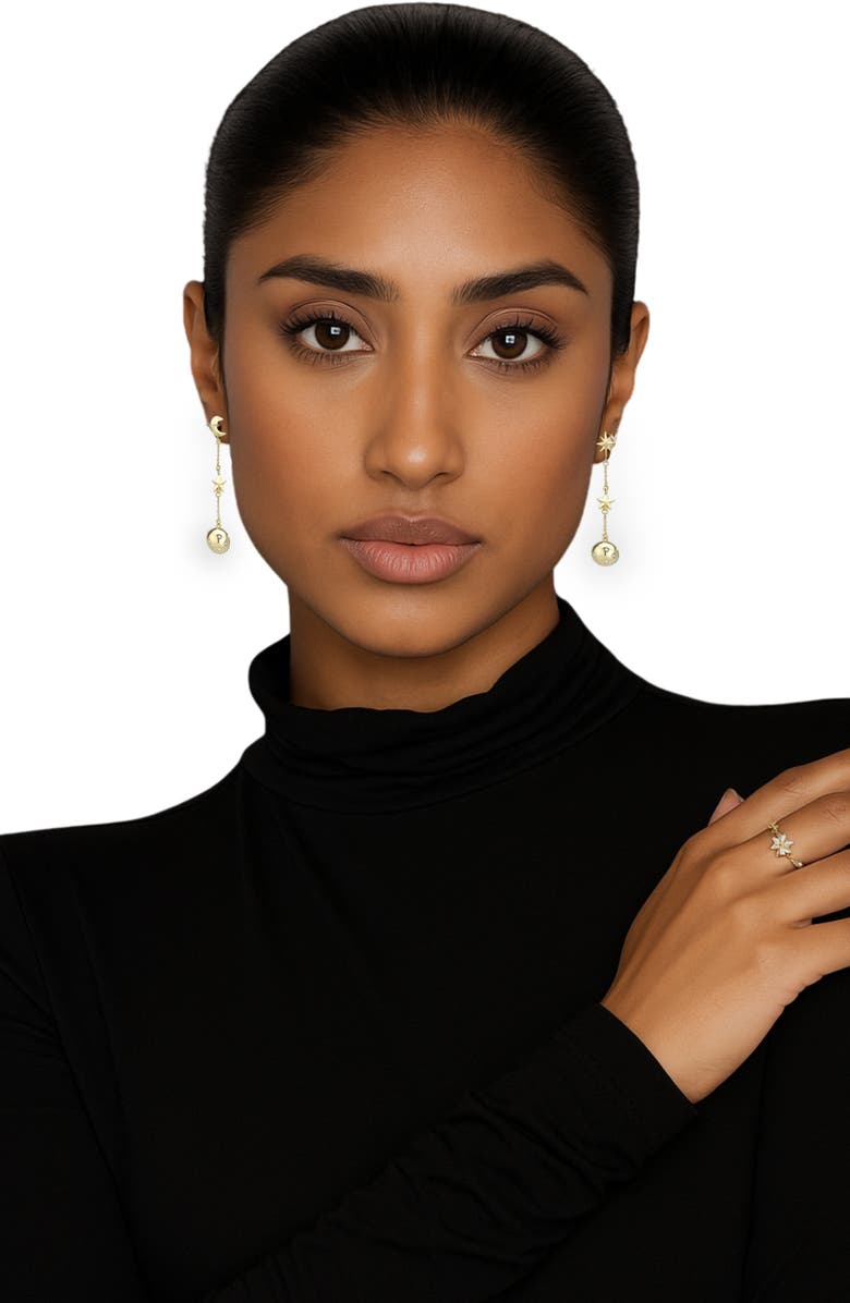Covet Mismatched Moon & Star Linear Ball Drop Earrings, Alternate, color, Gold