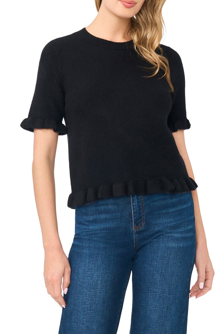 Ruffle Trim Short Sleeve Sweater, Main, color, RICH BLACK