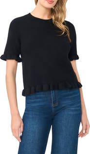 CeCe Ruffle Trim Short Sleeve Sweater