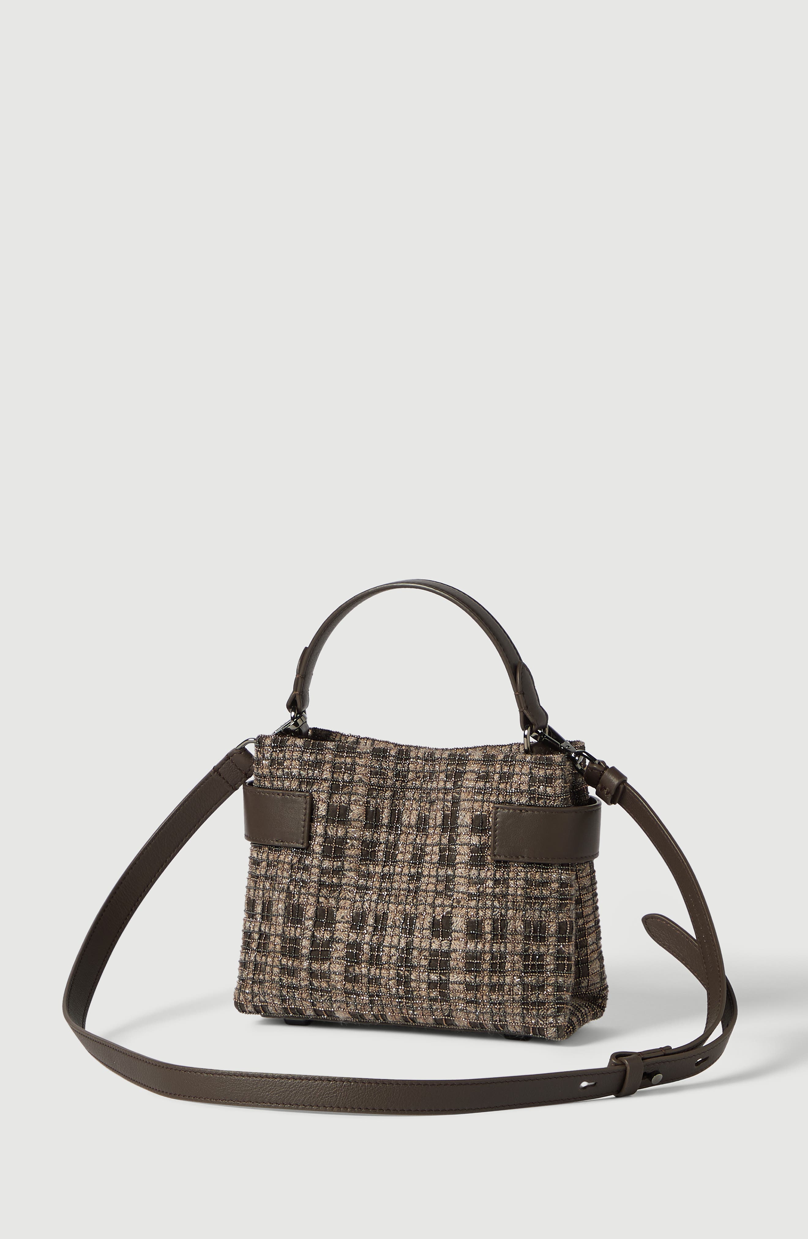 Essence small top-handle bag in suede with precious check embroidery, Alternate, color, Brown