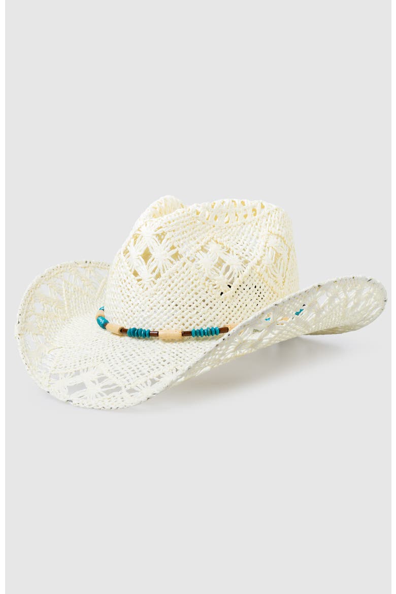 Twister Star  Handwoven Straw Sun Hat - Bohemian Summer Cowboy Hat, Main, color, White  / Turquoise
