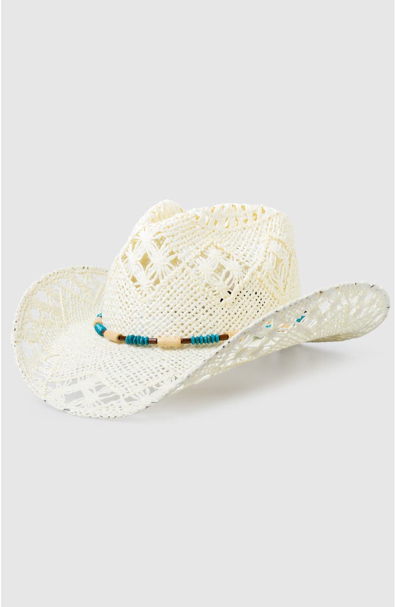 Manela Twister Star  Handwoven Straw Sun Hat - Bohemian Summer Cowboy Hat, Main, color, White  / Turquoise