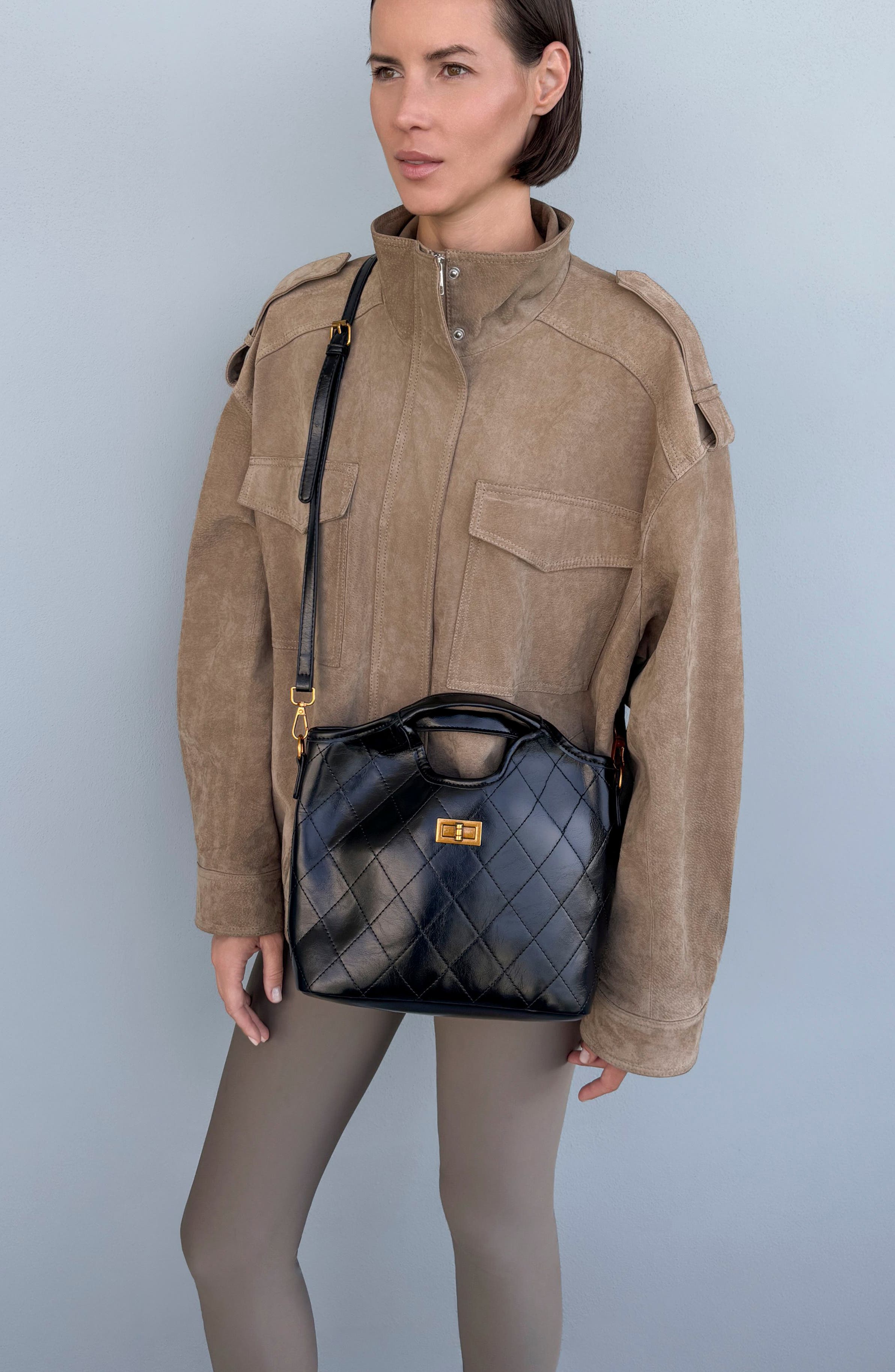 Quilted Faux Leather Top Handle Bag, Alternate, color, BLACK