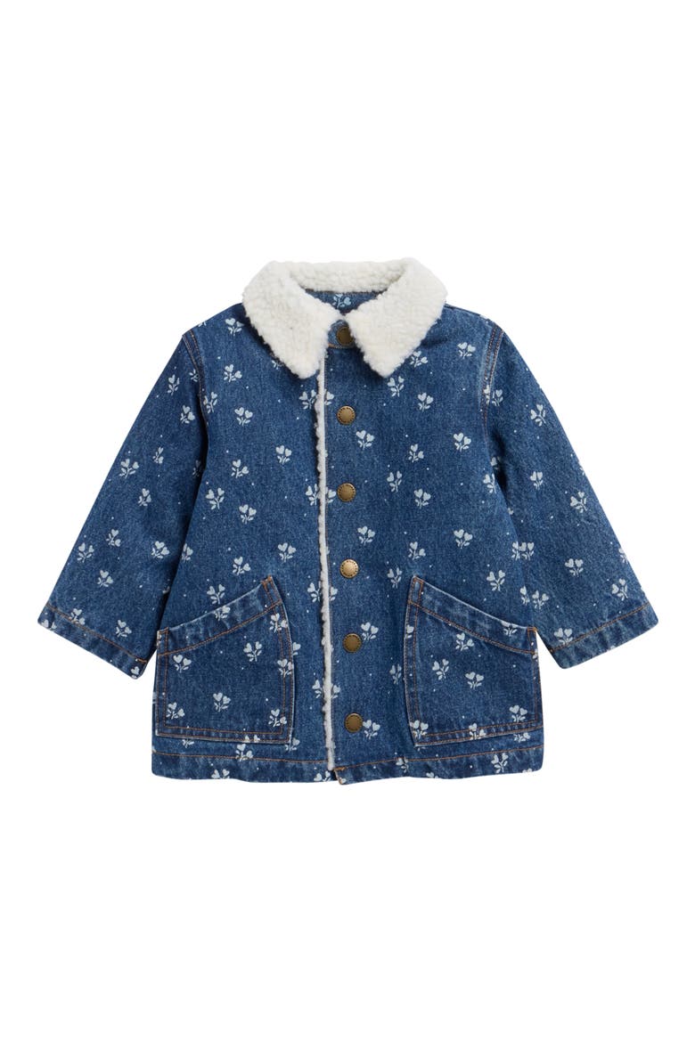 Heart Ditsy Genuine Shearling Trim Denim Chore Coat, Main, color, INDIGO