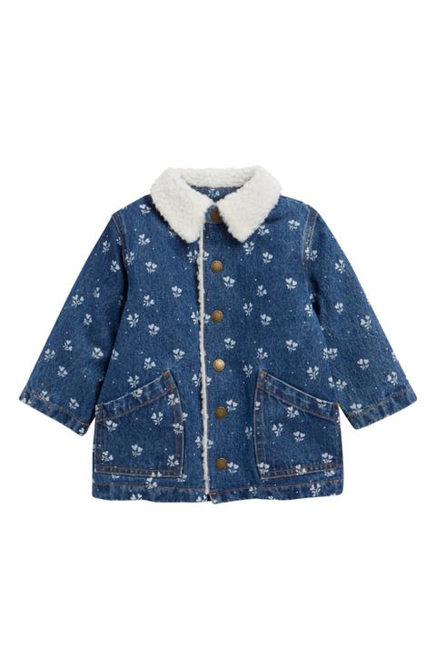 Heart Ditsy Genuine Shearling Trim Denim Chore Coat