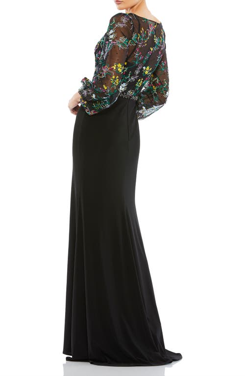 Mac Duggal Embroidered Illusion Puff Sleeve Column Gown In Black Multi