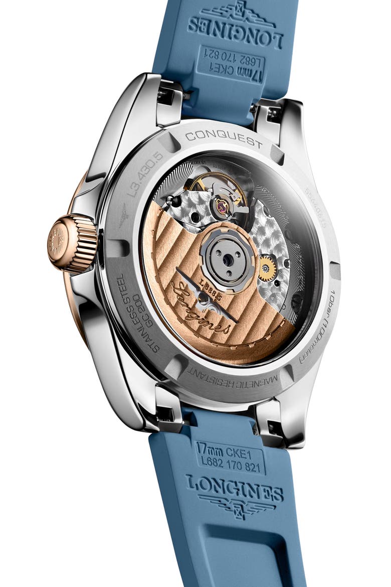 Conquest Automatic Rubber Strap Watch, 34mm, Alternate, color, BLUE