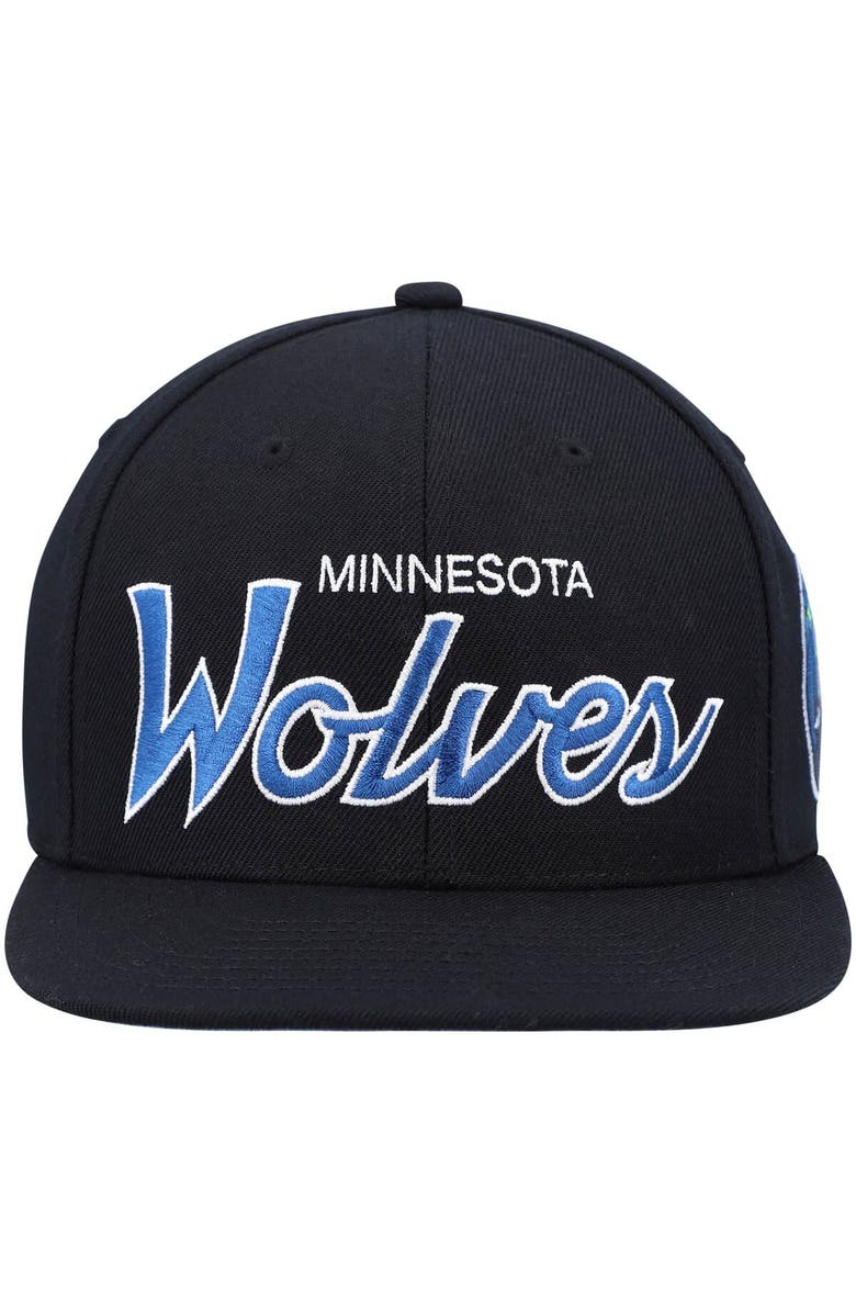 Mitchell & Ness Men's Mitchell & Ness Black Minnesota Timberwolves Hardwood Classics Script 2.0 Snapback Hat, Alternate, color, 