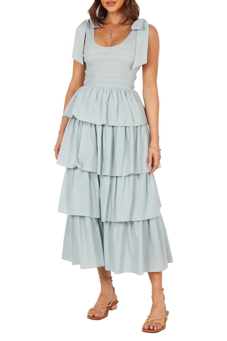 Raphael Tiered Ruffle Cotton Midi Sundress, Main, color, BLUE