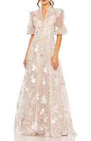 Mac Duggal Queen Anne Puff Sleeve A-Line Gown