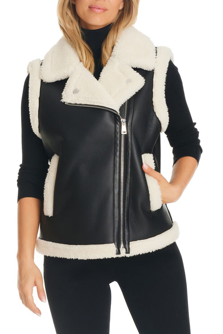 Bonded Faux Leather & Faux Shearling Vest, Main, color, BLACK CREAM