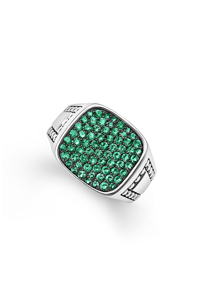 Anthem Pavé Diamond Signet Ring, Alternate, color, SILVER/ EMERALD