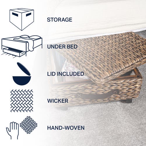 Happimess Chett Minimalist Hand-woven Hyacinth/wood Underbed Storage Bin With Wheels And Handles In Brown Wash