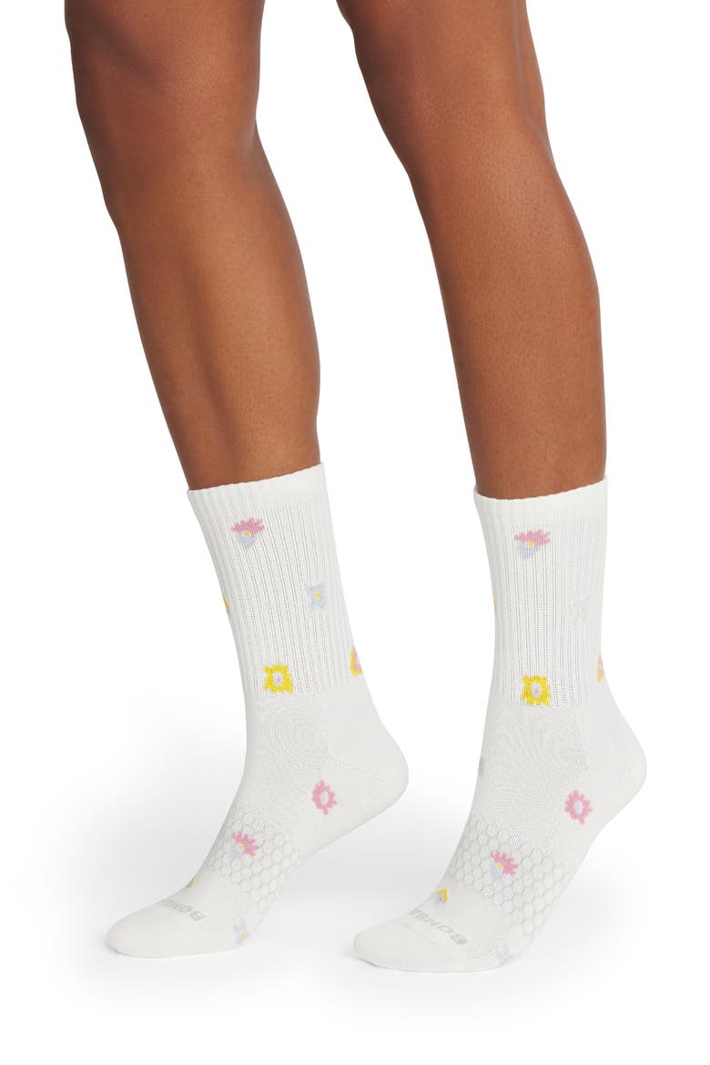 Tossed Flowers Cushioned Cotton Blend Crew Socks, Main, color, WHITE
