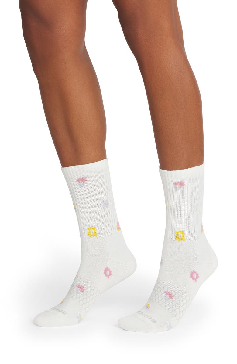 Bombas Tossed Flowers Cushioned Cotton Blend Crew Socks, Main, color, White