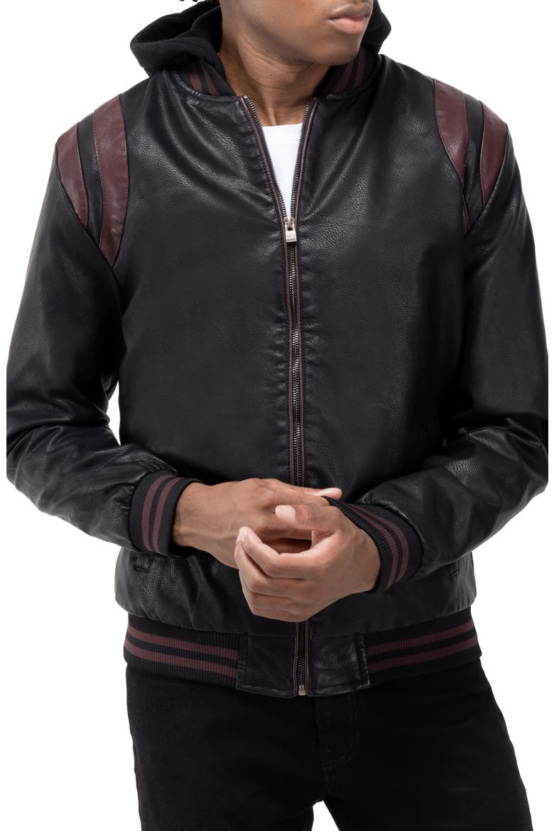 Stripe Faux Leather Hooded Moto Jacket with Faux Fur Lining, Main, color, BLACK/ BURGUNDY