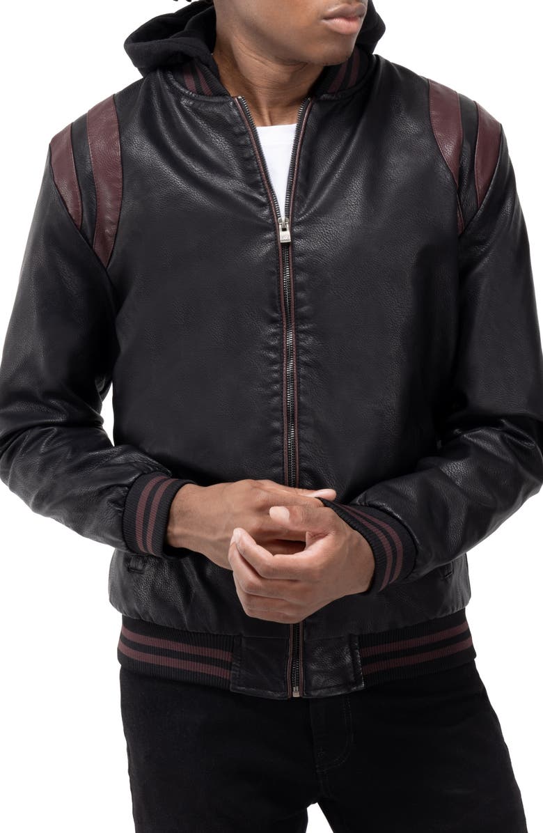 XRAY Stripe Faux Leather Hooded Moto Jacket with Faux Fur Lining, Main, color, Black/ Burgundy