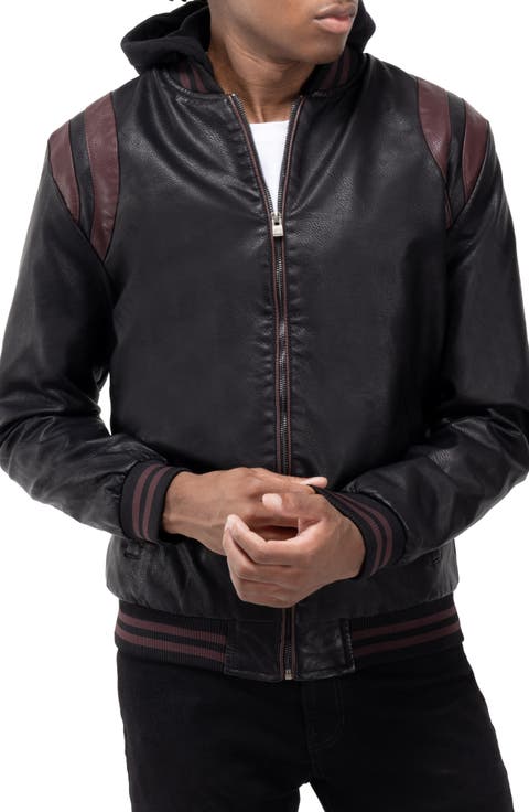 Stripe Faux Leather Hooded Moto Jacket with Faux Fur Lining