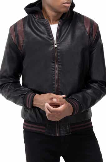 XRAY Stripe Faux Leather Hooded Moto Jacket with Faux Fur Lining