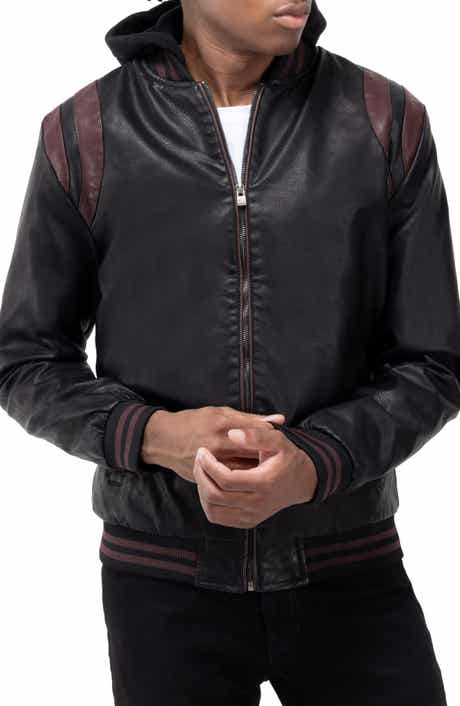 XRAY Stripe Faux Leather Hooded Moto Jacket with Faux Fur Lining