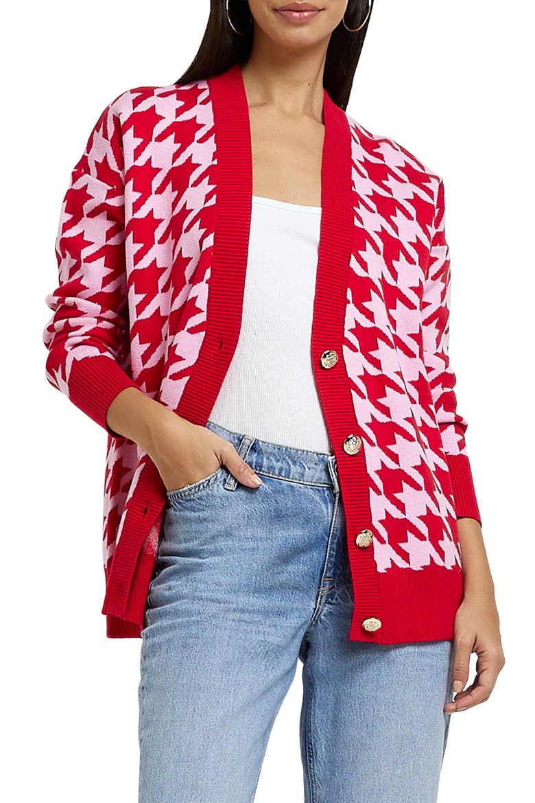 Houndstooth V-Neck Cardigan, Main, color, RED