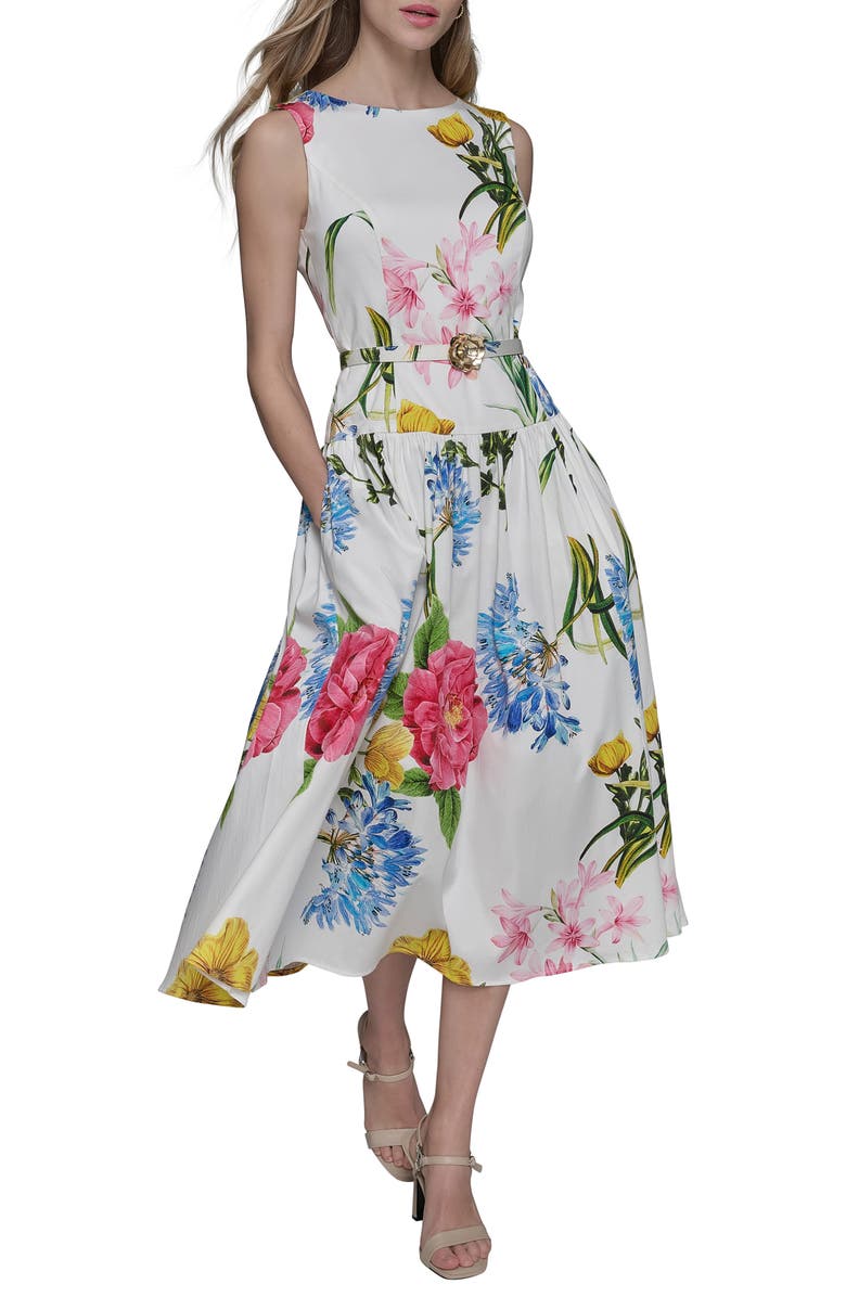 KARL LAGERFELD Print Cotton Midi Dress, Main, color, Soft White Multi