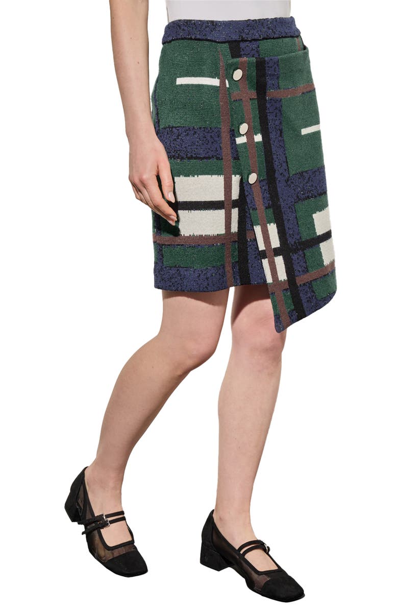 Ming Wang Cozy Button Front Asymmetric Hem Knit Miniskirt, Alternate, color, Forest V/ Mul