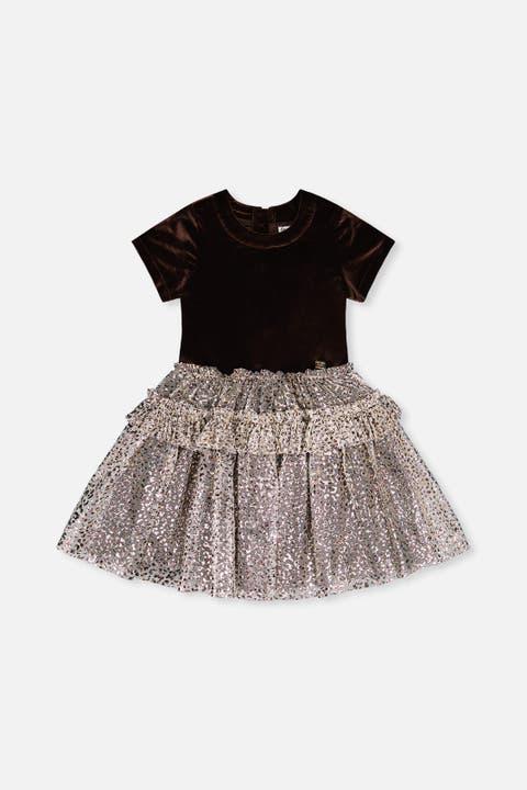 Bi-Material Short Sleeve Metallic Mesh Dress
