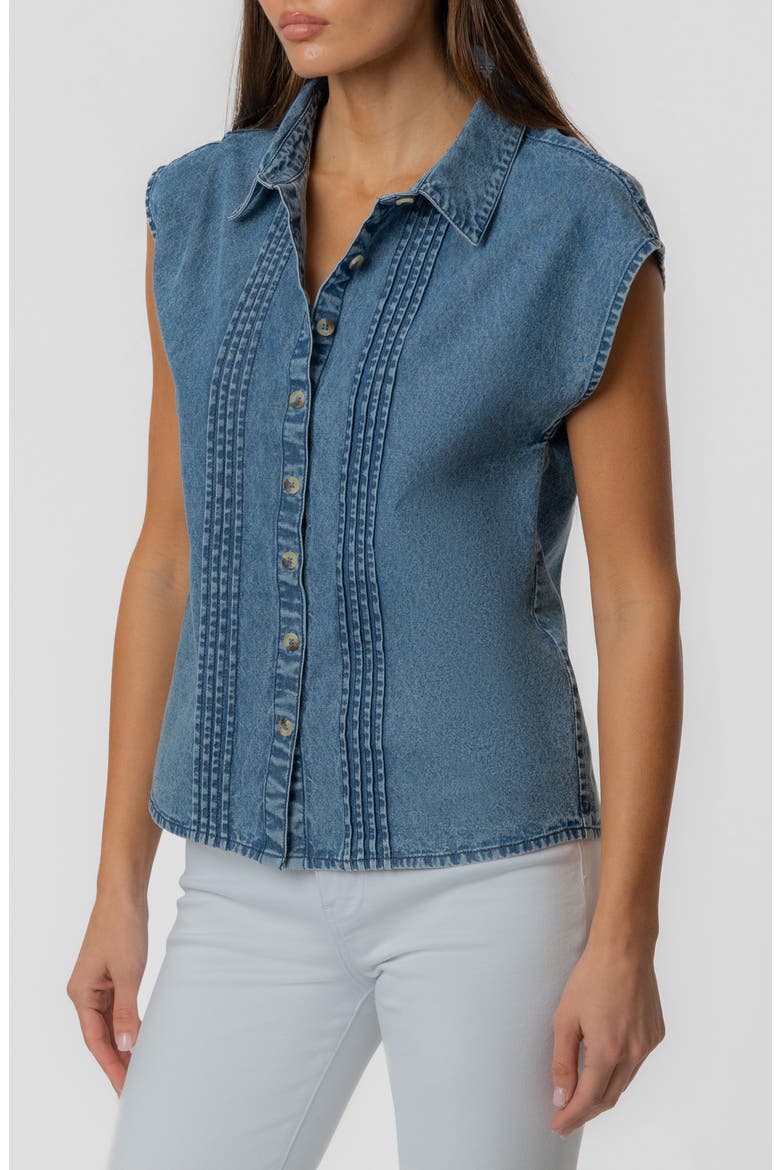 Penelope Pintuck Cap Sleeve Denim Shirt, Alternate, color, BEAMING
