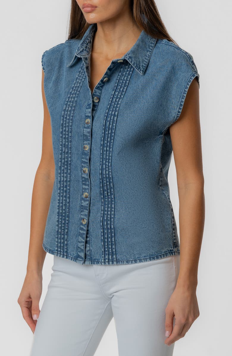 KUT from the Kloth Penelope Pintuck Cap Sleeve Denim Shirt, Alternate, color, Beaming