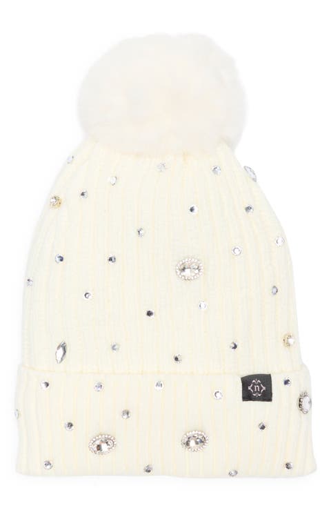 Rhinestone Beanie with Faux Fur Pompom