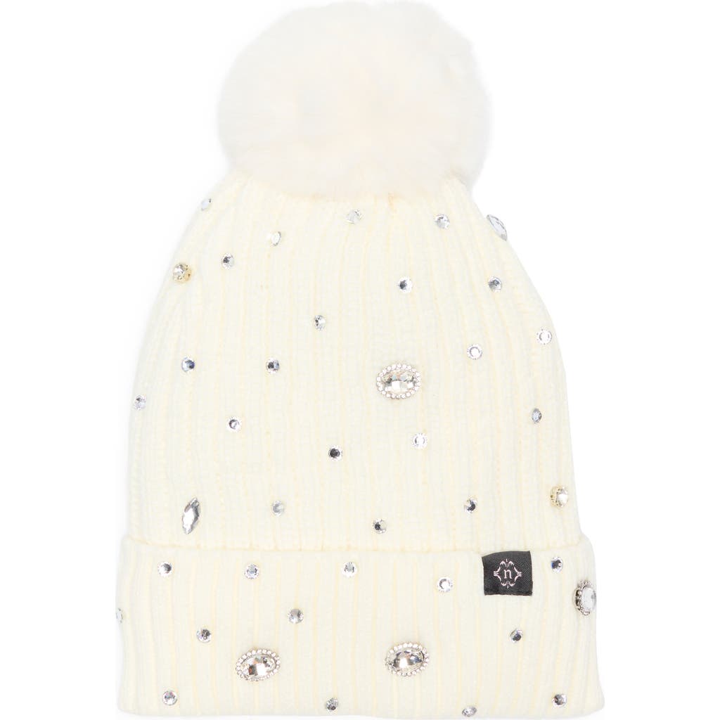 Nanette Lepore Rhinestone Beanie With Faux Fur Pompom In Neutral