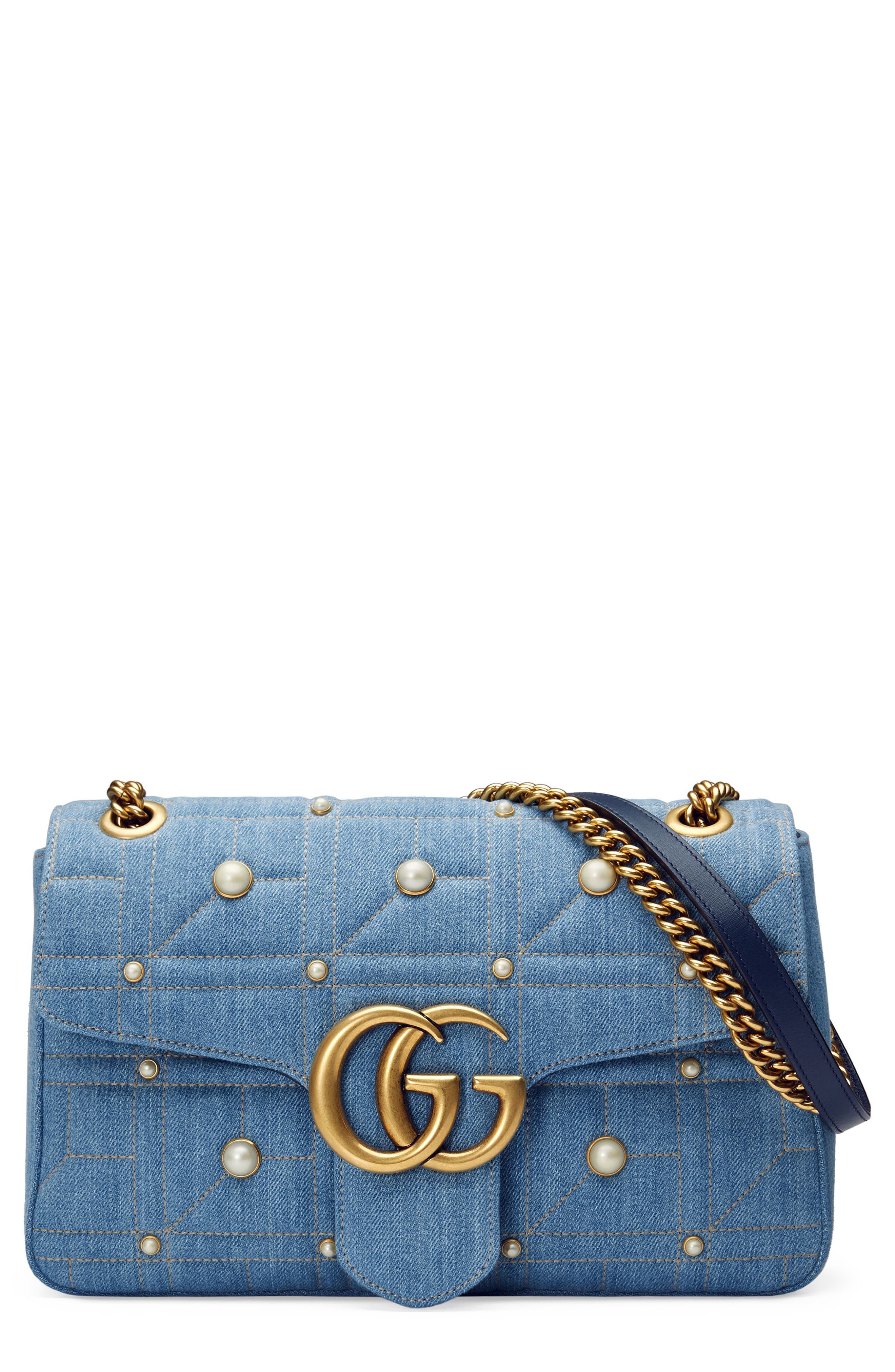 Gucci GG Marmont 2.0 Imitation Pearl Embellished Denim Crossbody Bag, Main, color, 