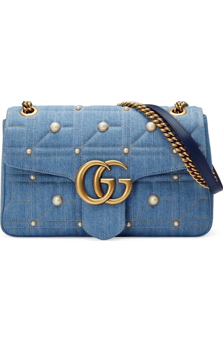 Gucci GG Marmont 2.0 Imitation Pearl Embellished Denim Crossbody Bag, Main, color,