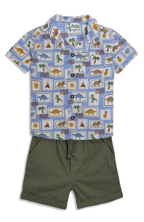 Dino Stamp Cotton Button-Up Shirt & Shorts Set (Baby)