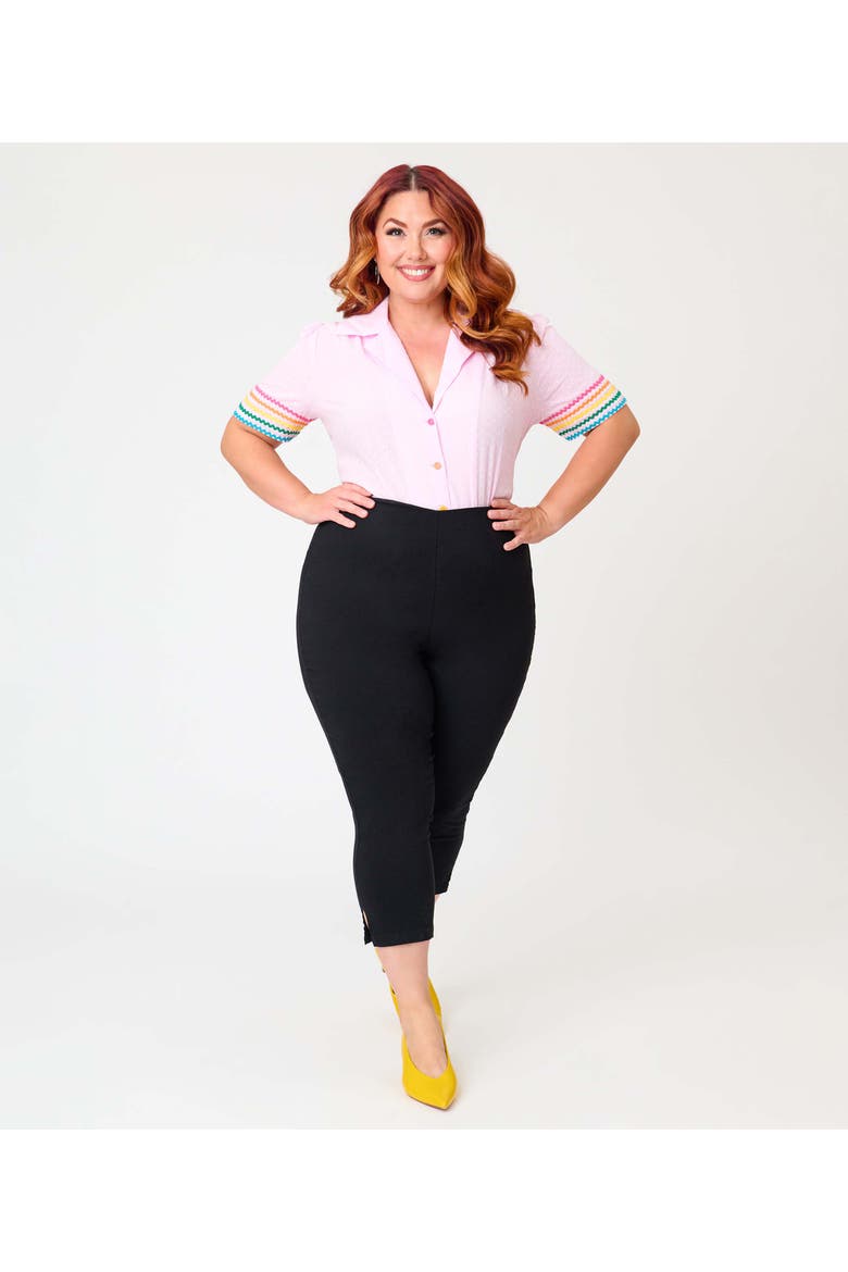 Plus Size 1940s Short Sleeve Collared Button Down Woven Blouse, Alternate, color, Pink w/ Rainbow Print