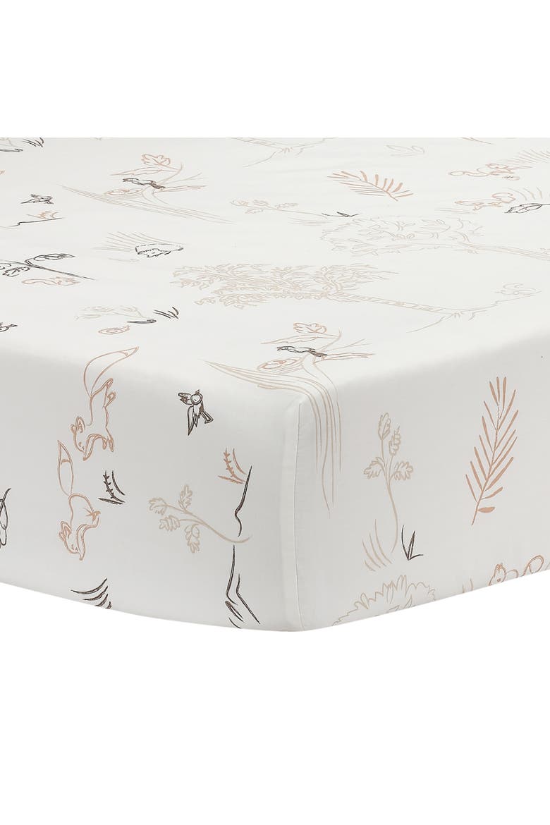 Treetop Fox Woodland Breathable Cotton Fitted Crib/Toddler Sheet, Main, color, Cream