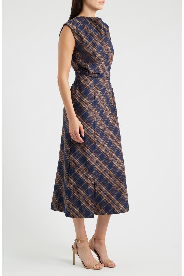 Plaid Pleated Midi Dress, Alternate, color, NAVY BROWN