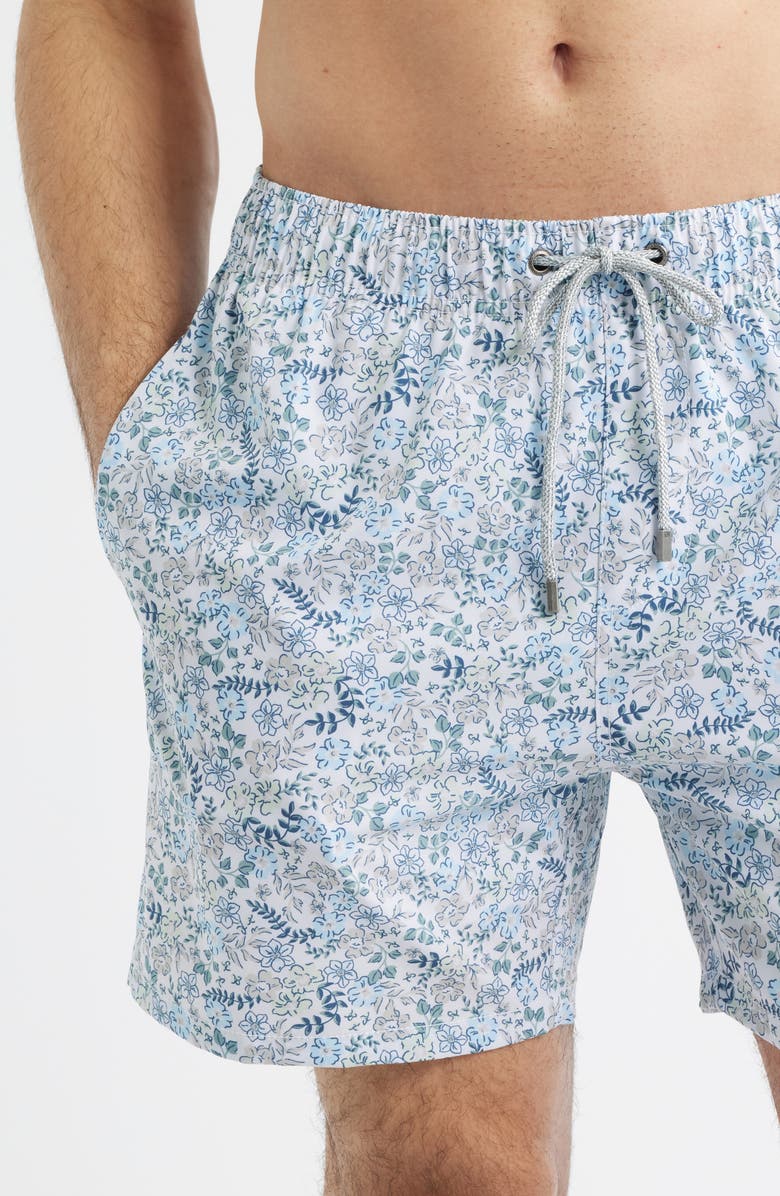 Vintage Summer Floral Stretch Volley Swim Trunks, Alternate, color, Blue
