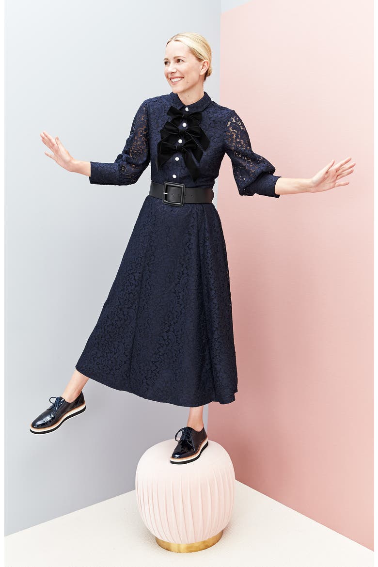 x Atlantic-Pacific Bow Detail Lace Midi Dress, Alternate, color, NAVY