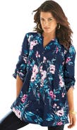 Roaman's Pintuck Tunic Blouse Y-Neck & Roll-Tab Sleeves