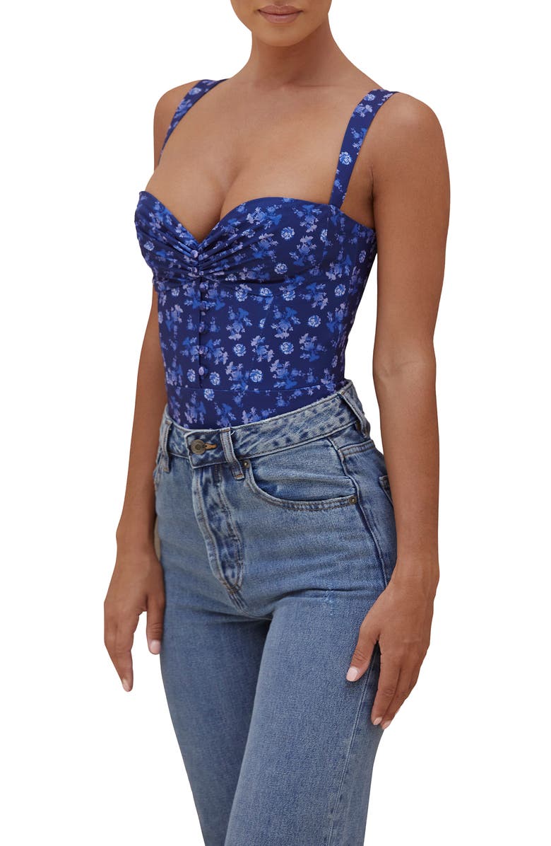 HOUSE OF CB Savia Floral Corset Bodysuit, Alternate, color, Sapphire Floral Print