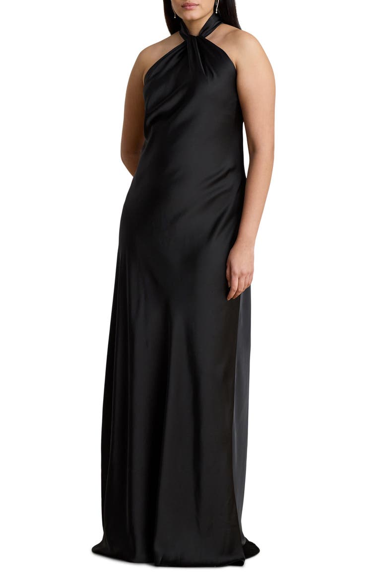 Satin Keyhole Halter Neck Gown, Alternate, color, BLACK