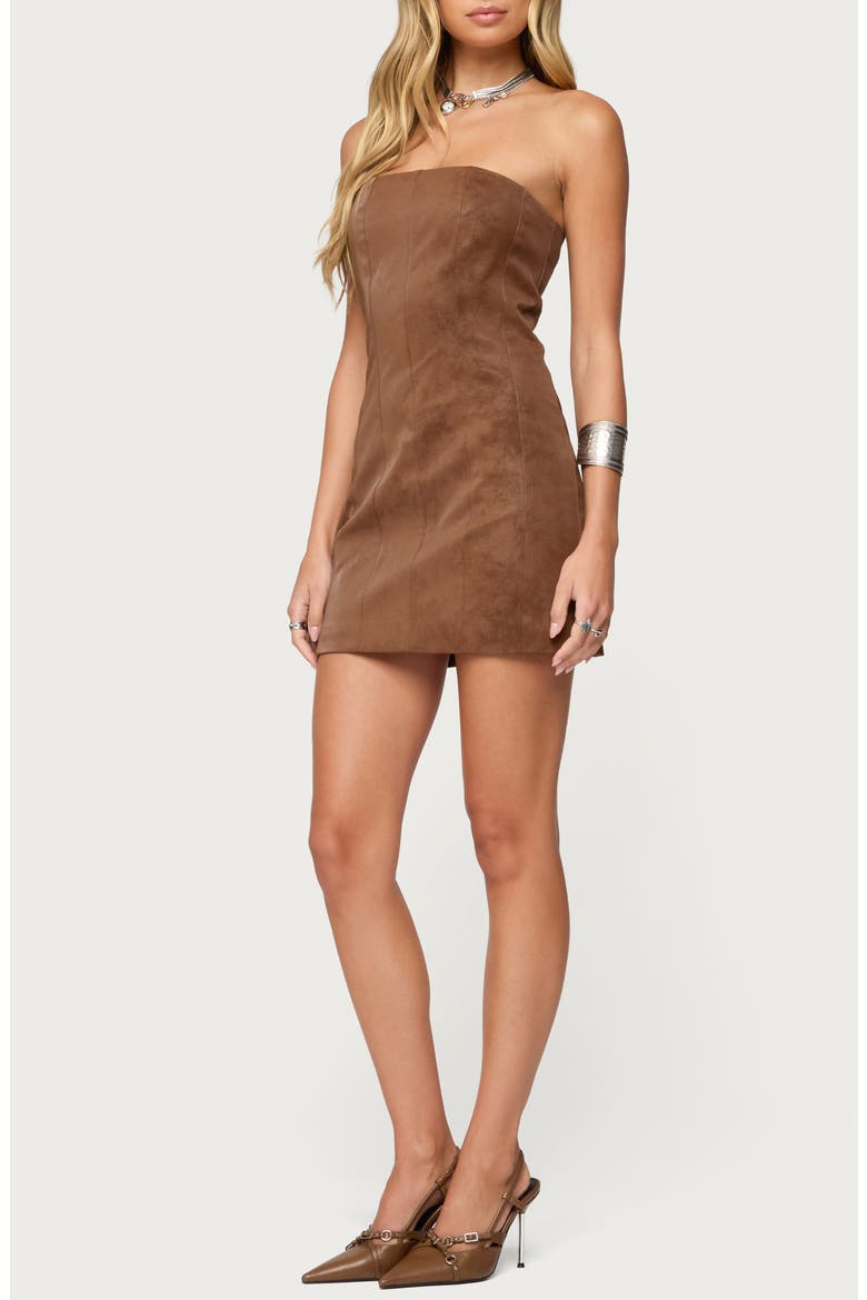 Carina Strapless Faux Suede Minidress, Alternate, color, BROWN