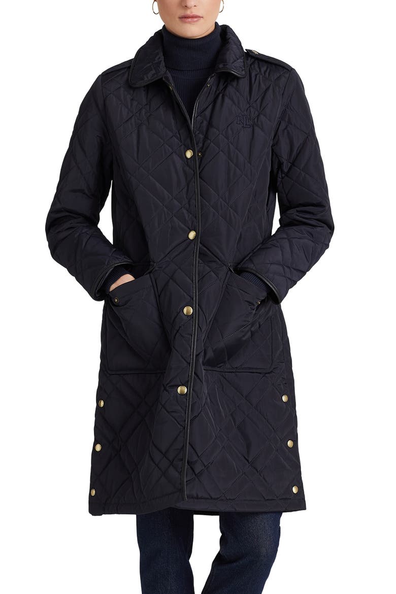 Faux Leather Trim Quilted Coat, Main, color, DK NAVY