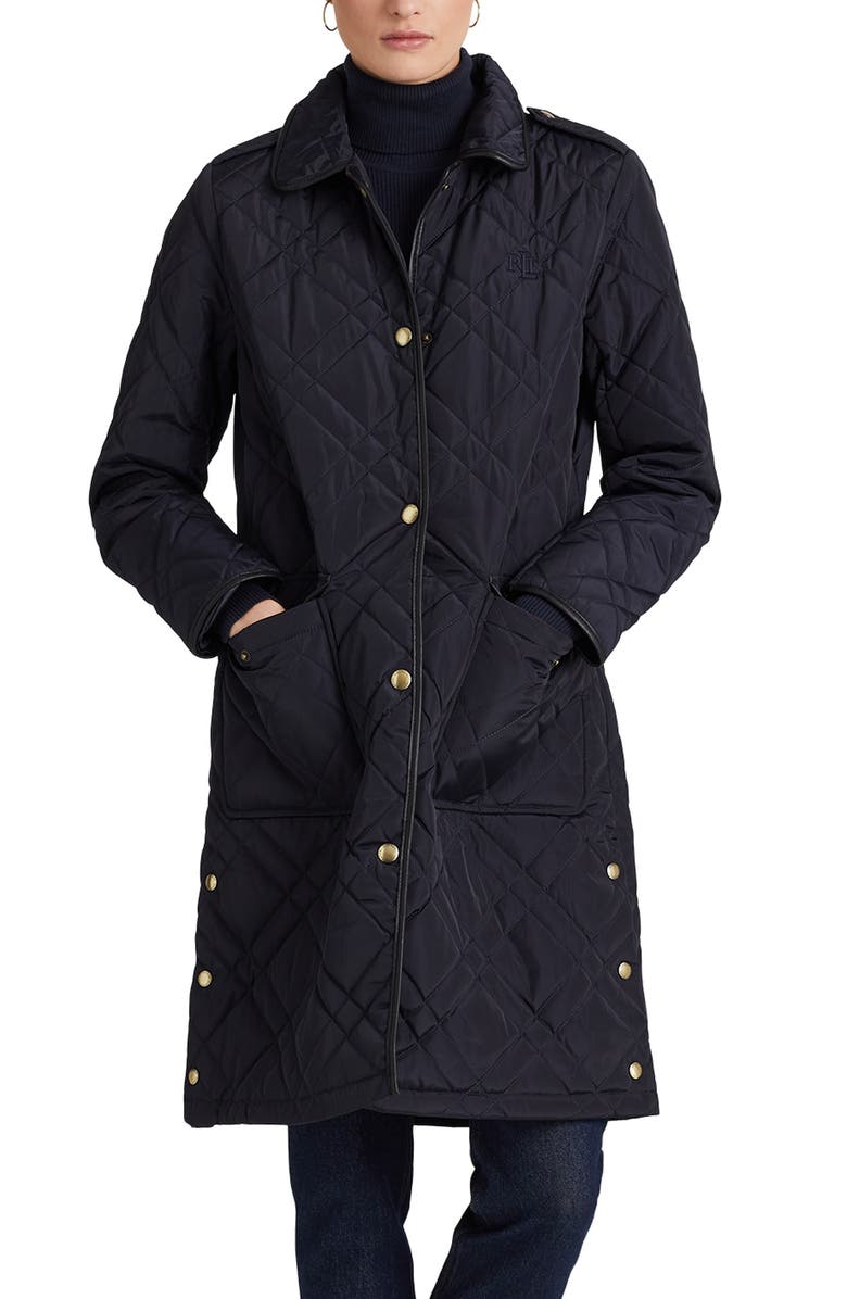 Lauren Ralph Lauren Faux Leather Trim Quilted Coat, Main, color,